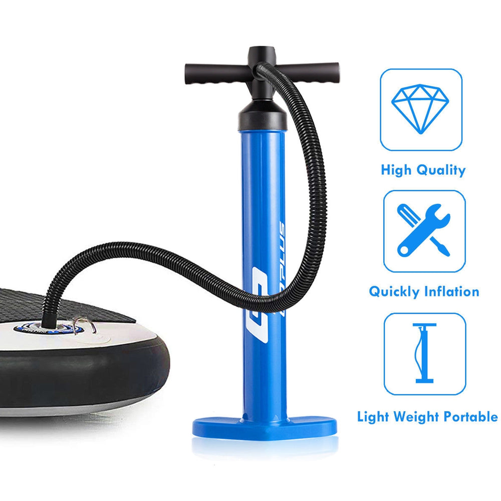 Double action manual SUP hand pump with gauge, lightweight design, inflates up to 29 psi for quick paddleboard.