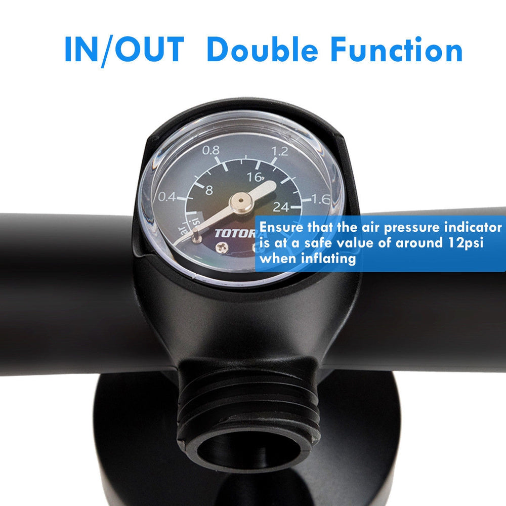 Double Action Manual SUP Hand Pump with gauge, aluminum alloy body, inflates up to 29 psi, ideal for paddleboards.