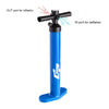 Double action manual SUP hand pump in blue with gauge, designed for fast inflation and deflation of paddle boards.