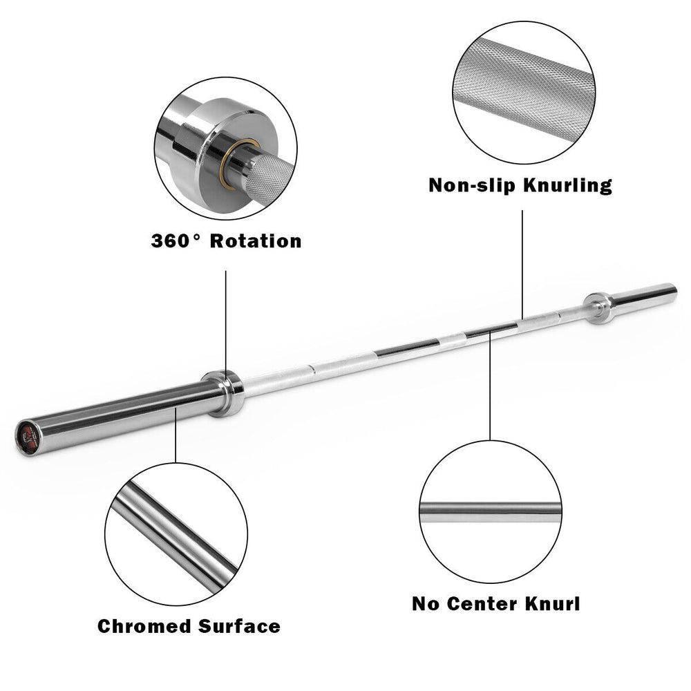 Close-up of a 1000 lbs weight lifting barbell showcasing the chrome finish, non-slip knurling, and 360° rotation.