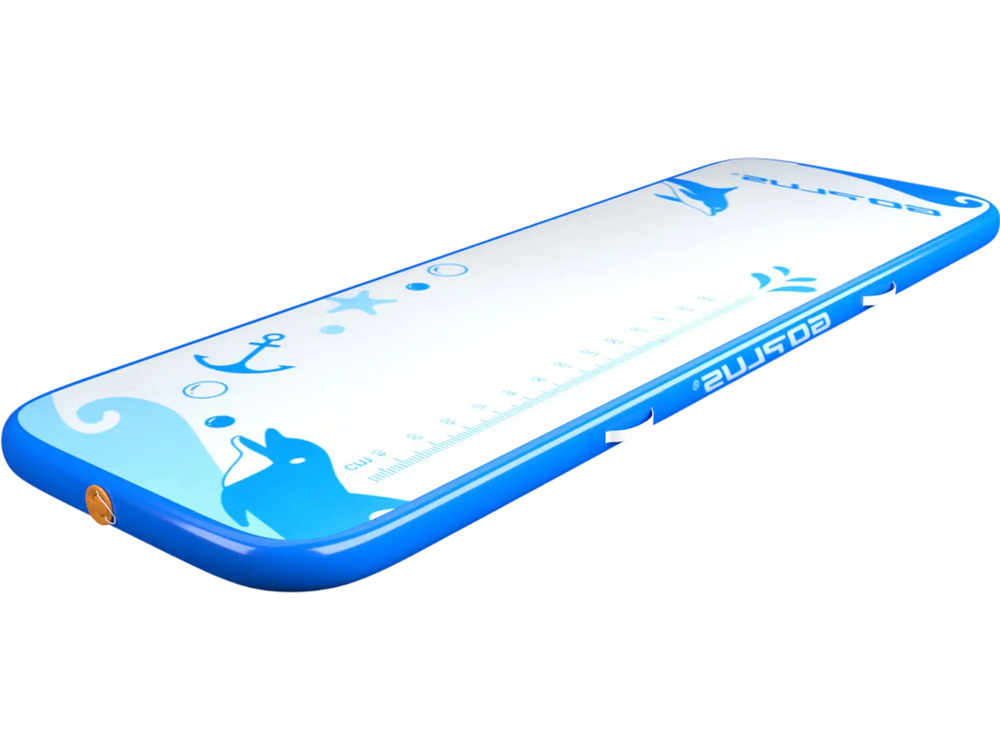 Inflatable gymnastic tumbling mat in blue, 10 feet long, ideal for workouts, easy to inflate with electric pump.