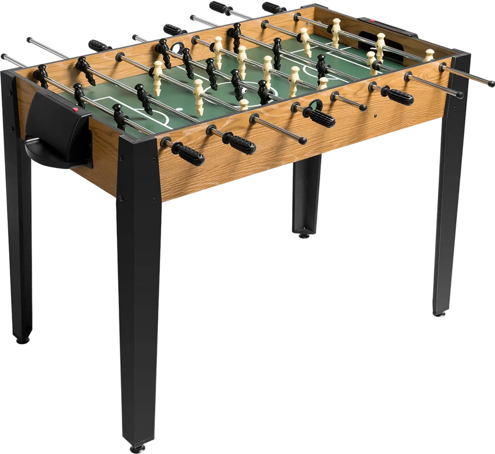 48-inch wooden foosball table with sturdy legs, non-slip handles, and green court, perfect for home or game room fun.