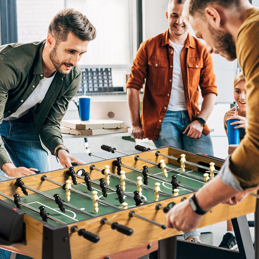 Competition-sized 48" wooden foosball table with non-slip handles, perfect for game rooms and family fun.
