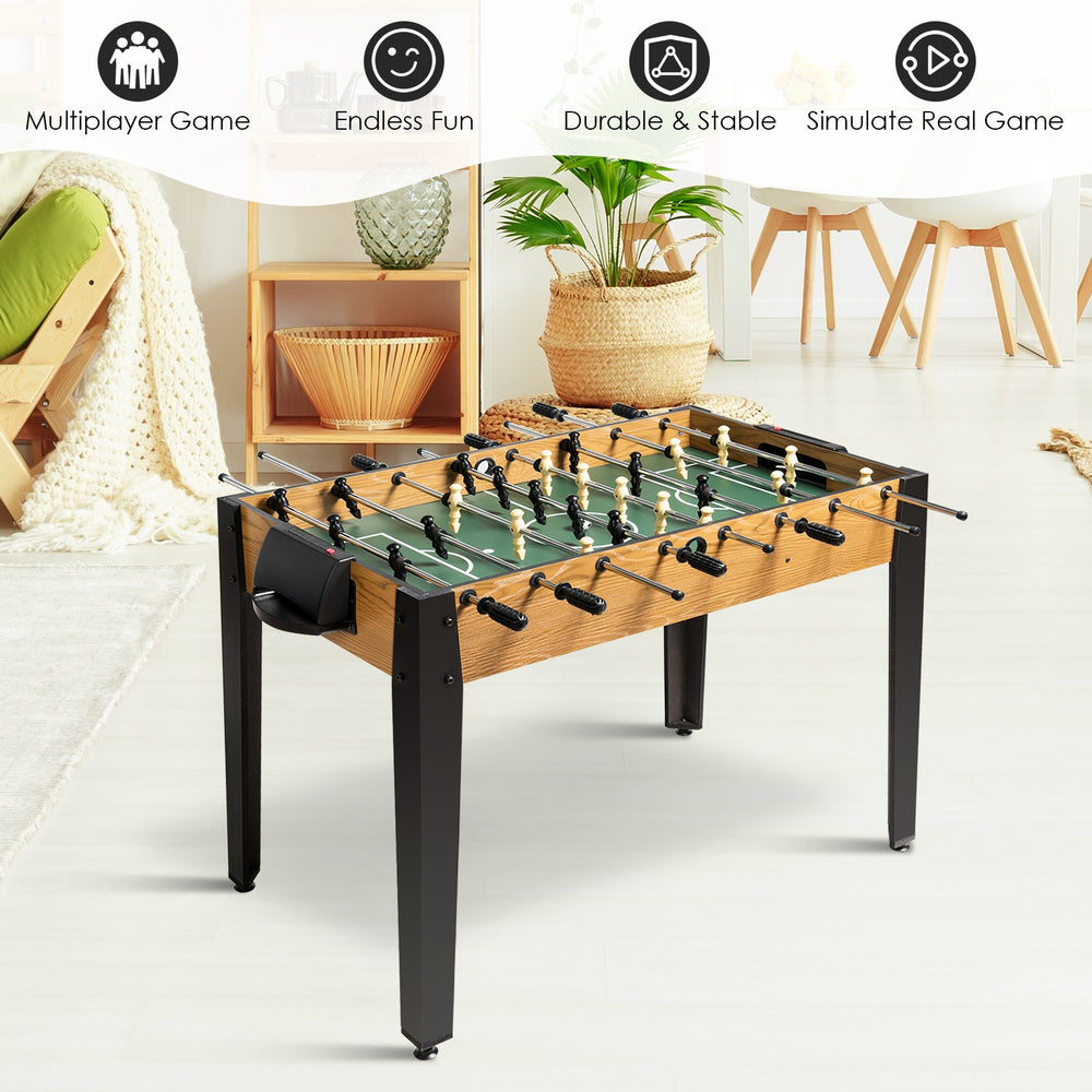 48-inch wooden foosball table in brown with sturdy legs, non-slip handles, ideal for home and game rooms.
