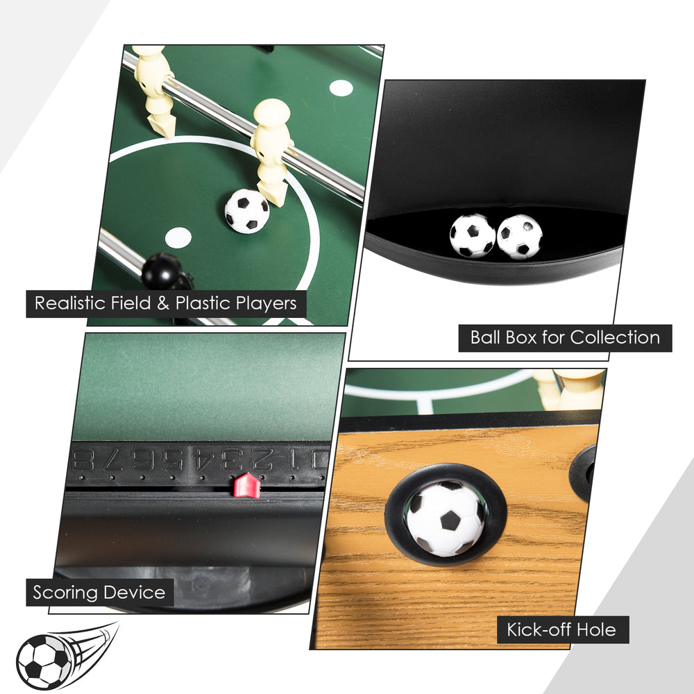 Close-up of the 48-inch foosball table's scoring device and kick-off hole, featuring realistic players and balls.