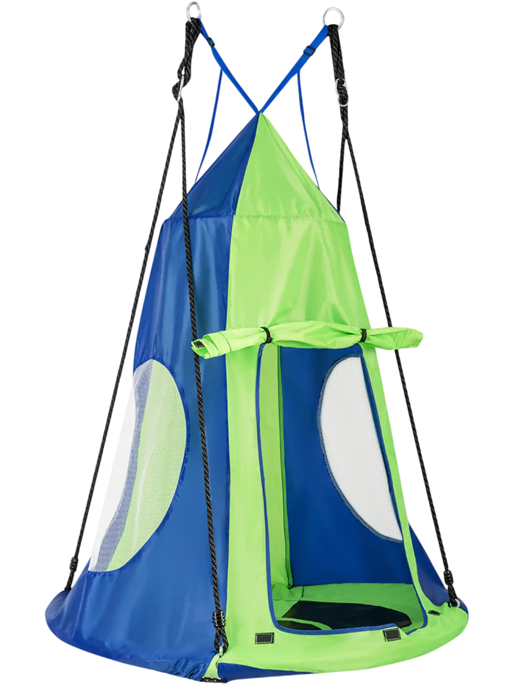 Colorful 2-in-1 kids hanging chair and swing tent set, featuring a detachable design for indoor or outdoor play.