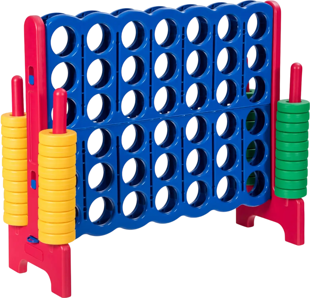 Jumbo 4-to-Score giant game set with 42 colorful rings, ideal for outdoor parties and improving children's motor skills.