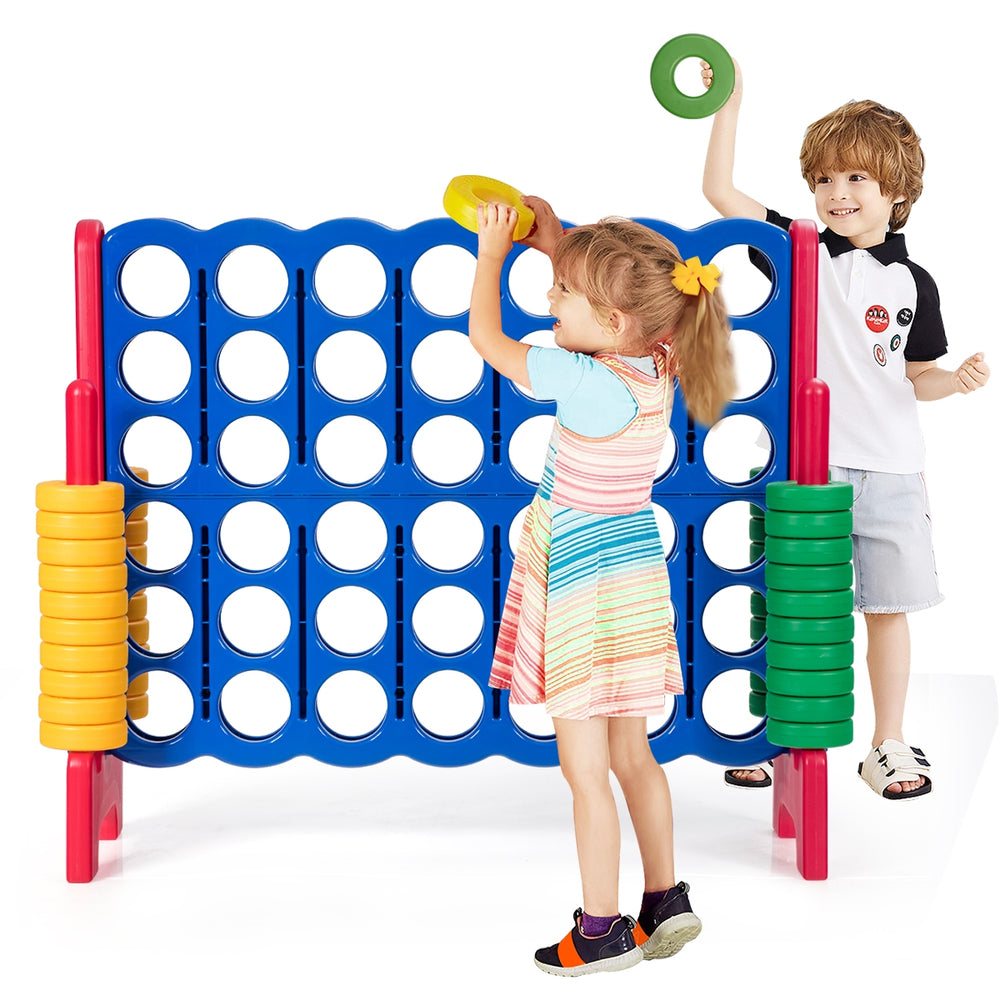 Children playing with the Jumbo 4-to-Score Giant Game Set featuring colorful rings for outdoor fun and skill.