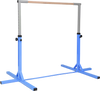 Close-up of the wood grip on a blue adjustable gymnastics horizontal bar, designed for kids' home training and.