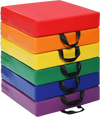 Stack of 6 multicolor 15-inch square toddler floor cushions with handles, made of durable waterproof foam for.
