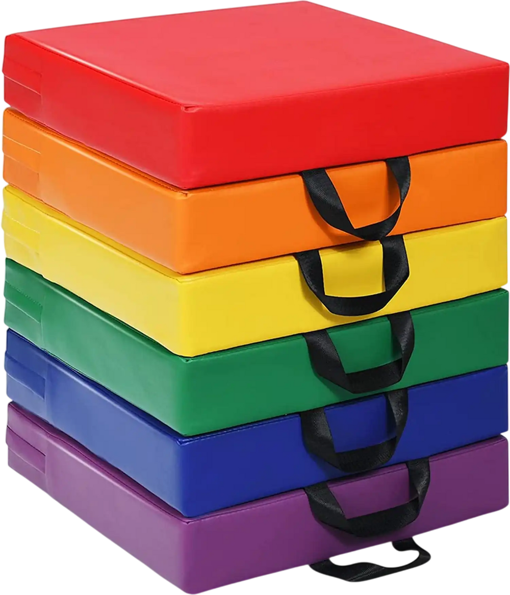 Stack of 6 multicolor 15-inch square toddler floor cushions with handles, made of durable waterproof foam for.