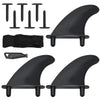 Detachable fins set for 6 feet surfboard, includes three black fins and mounting screws for easy transport.
