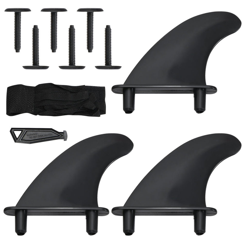 Detachable fins set for 6 feet surfboard, includes three black fins and mounting screws for easy transport.