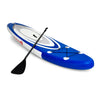 11-foot inflatable stand-up paddle board in blue with adjustable paddle, ideal for surfing and water activities.