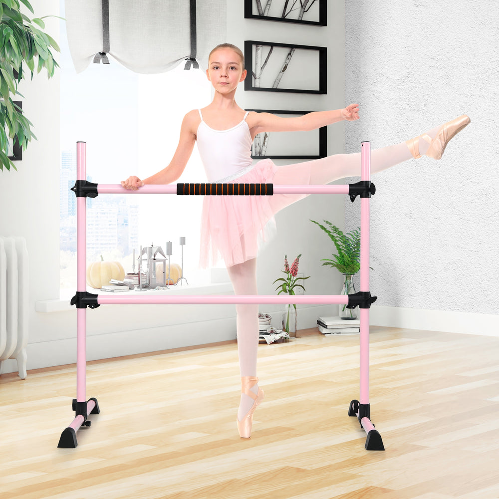 Portable pink ballet barre with adjustable height, anti-slip footpads, and sturdy iron frame for safe dancing at home.