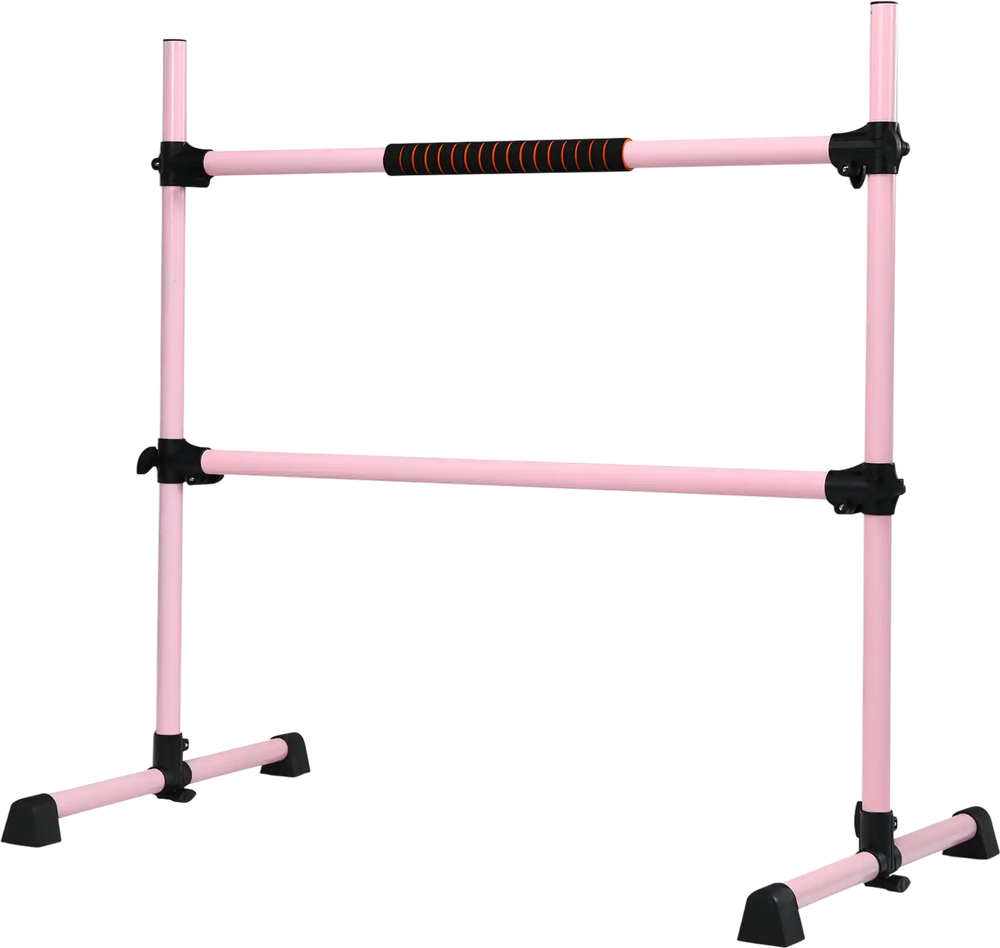 Portable pink ballet barre with adjustable height, anti-slip footpads, and sturdy iron frame for safe dancing and.