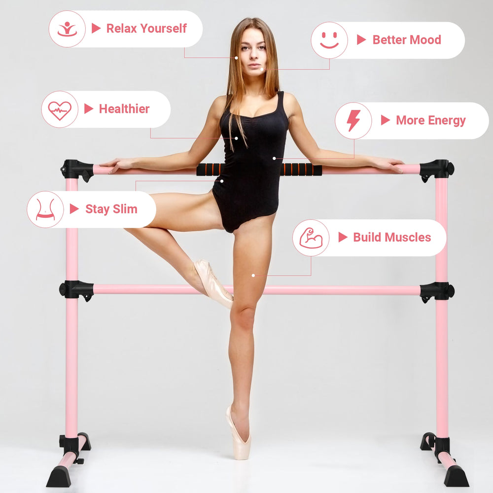 Portable pink ballet barre with adjustable height, made of anti-rust iron, ideal for home and dance studio use.