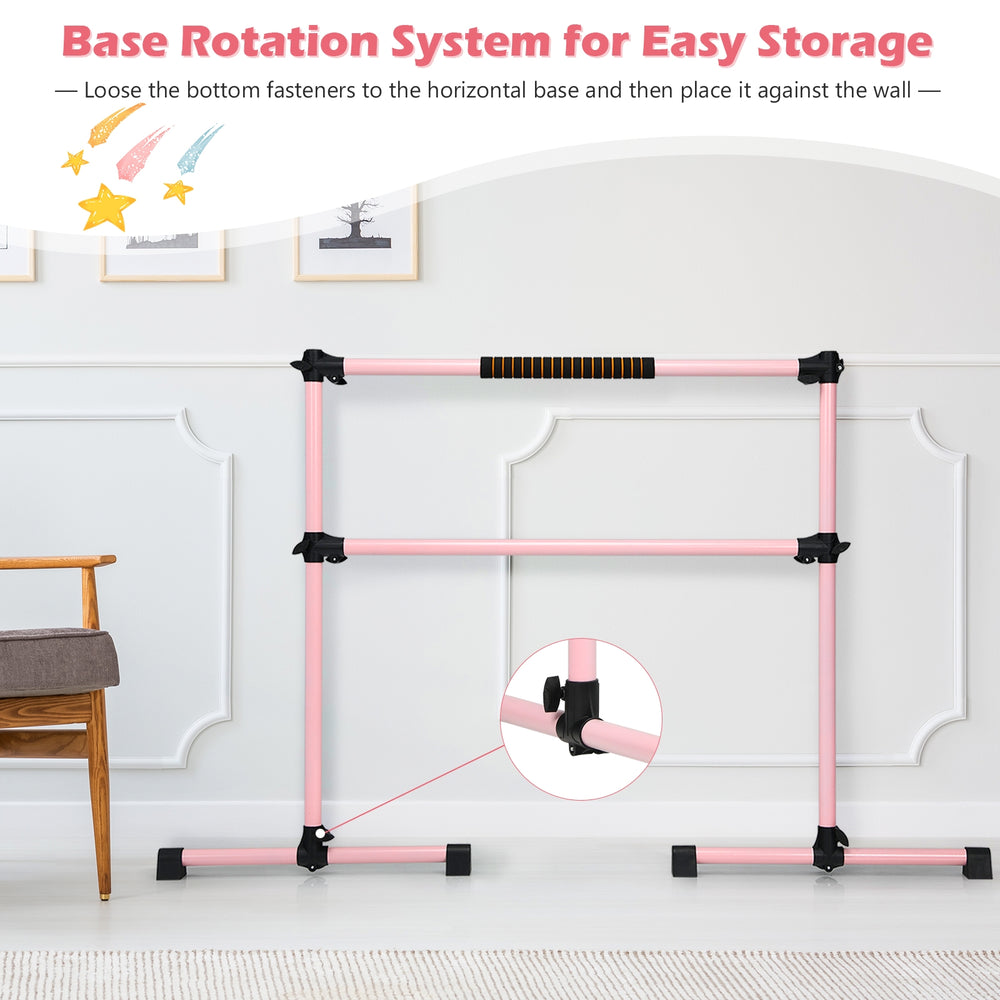 4 Feet Portable Ballet Barre in pink with adjustable height and anti-slip footpads for safe dancing and easy storage.