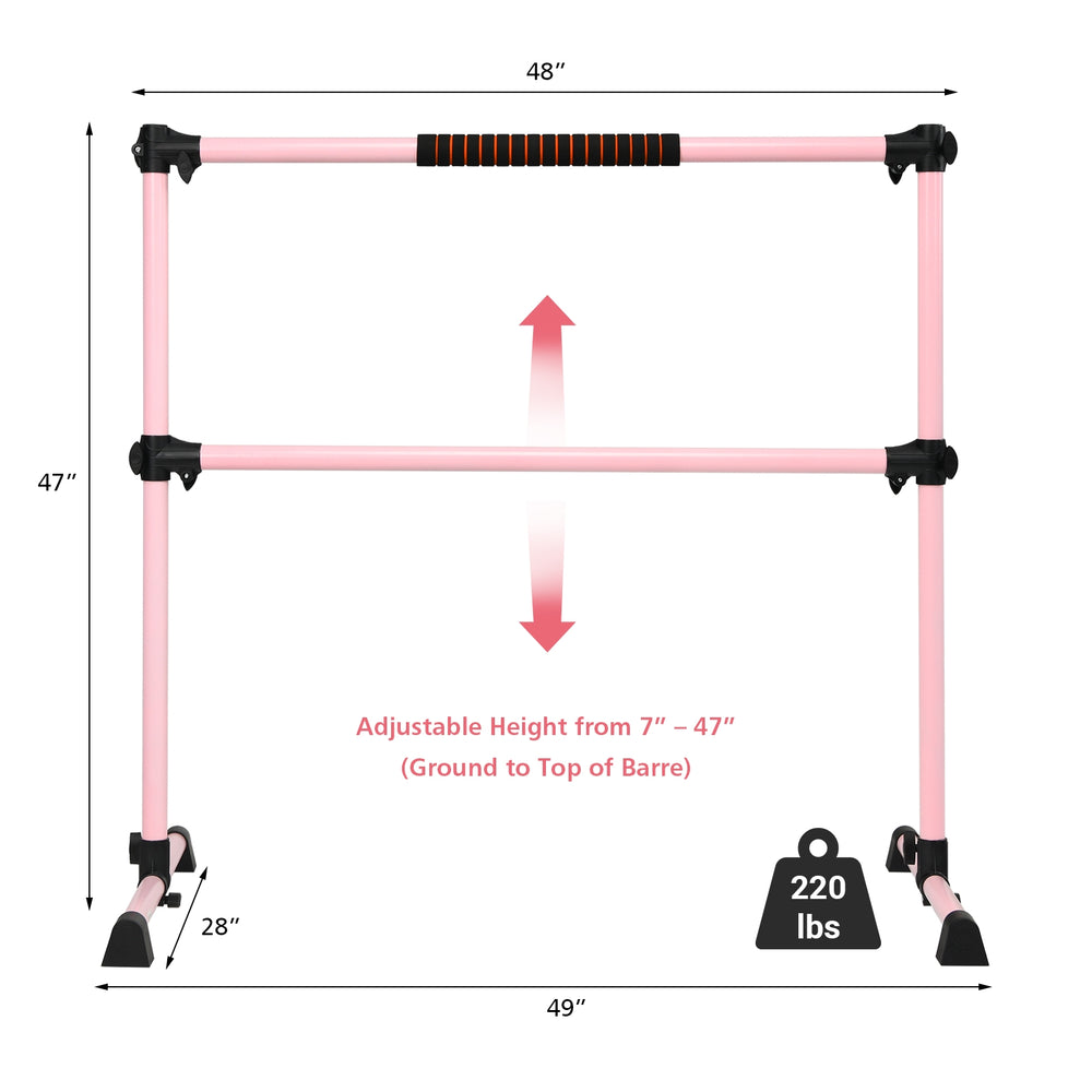 Portable pink ballet barre with adjustable height from 7" to 47", sturdy iron frame, ideal for home and dance studios.