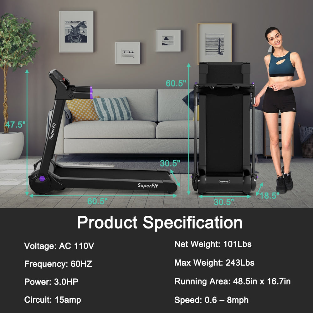 Folding electric treadmill with 3.0HP motor, digital display, and Bluetooth speaker for home or office use.