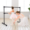 Double ballet barre in black, adjustable height from 7" to 46", perfect for dance practice at home or studio.