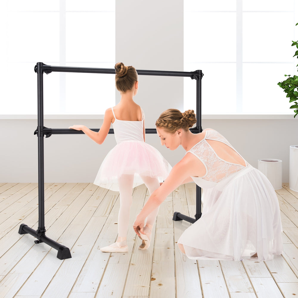 Double ballet barre in black, adjustable height from 7" to 46", perfect for dance practice at home or studio.