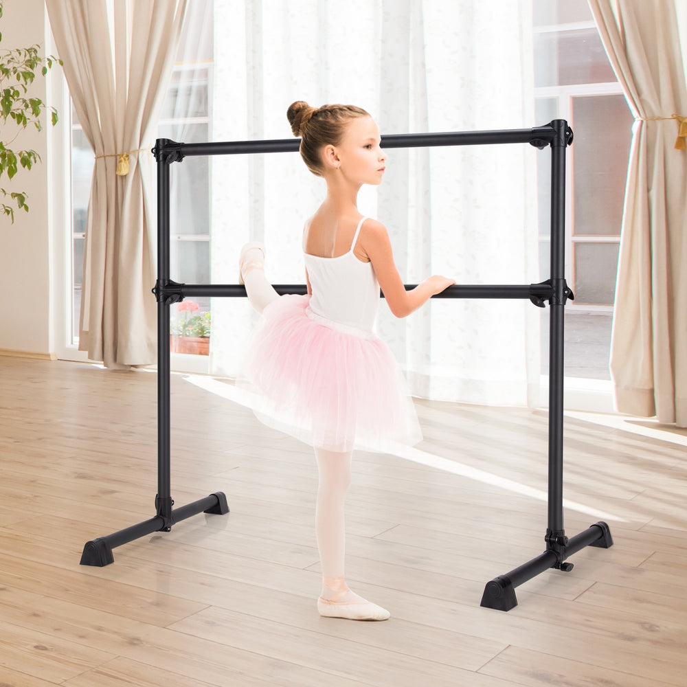 Adjustable height black ballet barre for dancing, stretching, and ballet, supporting up to 220 lbs, ideal for home or.