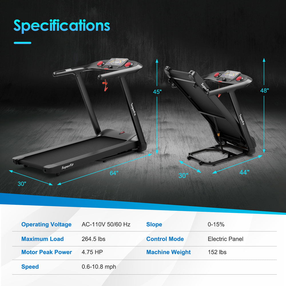 Folding treadmill with 4.75 HP motor, 51"x18" running area, and touch screen control for convenient workouts.