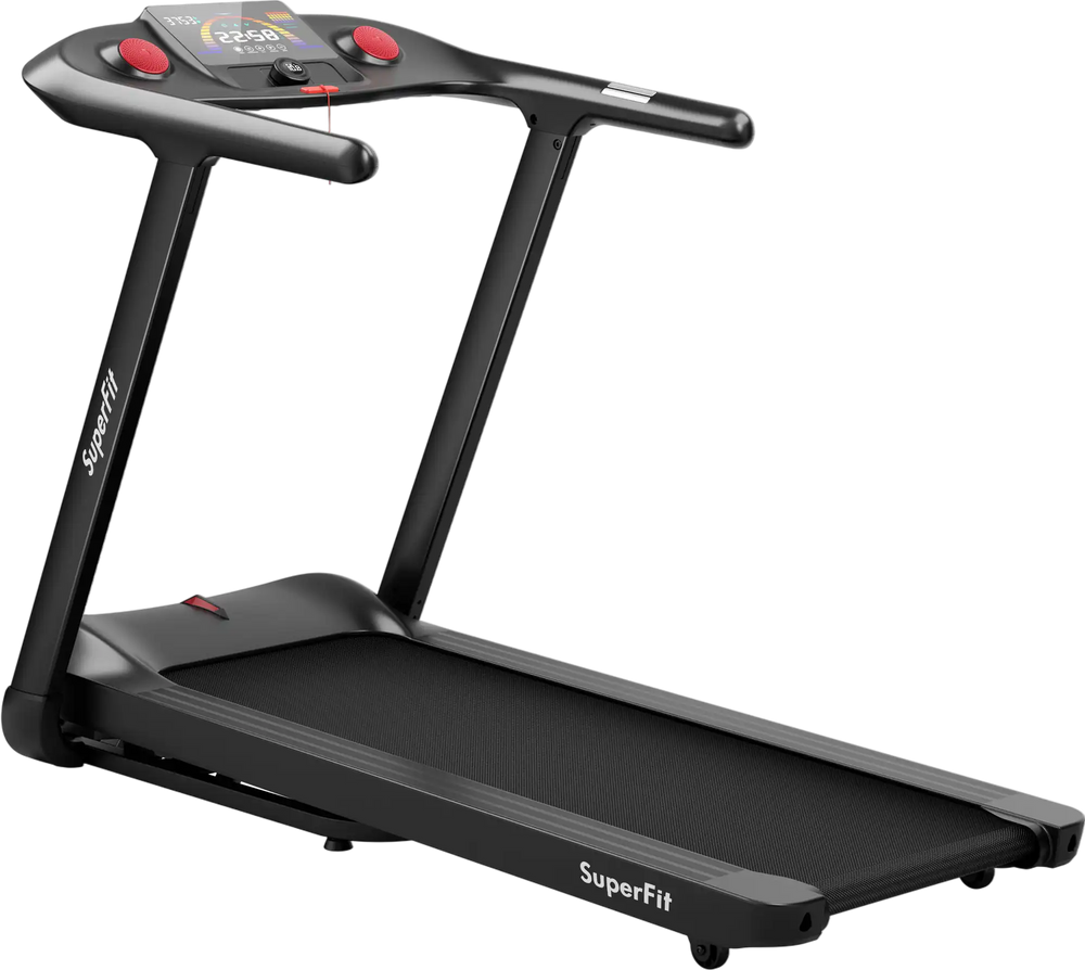 Folding treadmill with 4.75 HP motor, 51" x 18" running area, and touch screen control for efficient workouts.