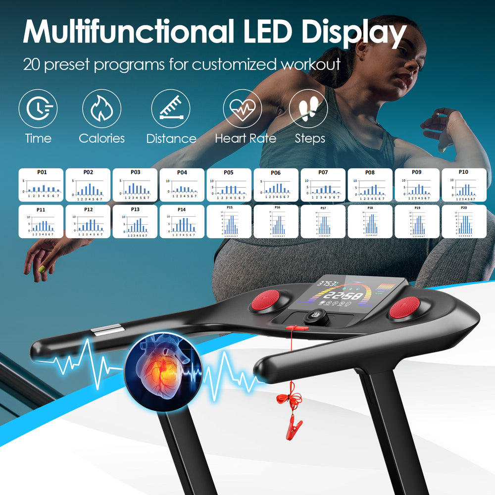 Folding treadmill with a 4.75 HP motor, LED touch screen, and 20 preset programs for customizable workouts.