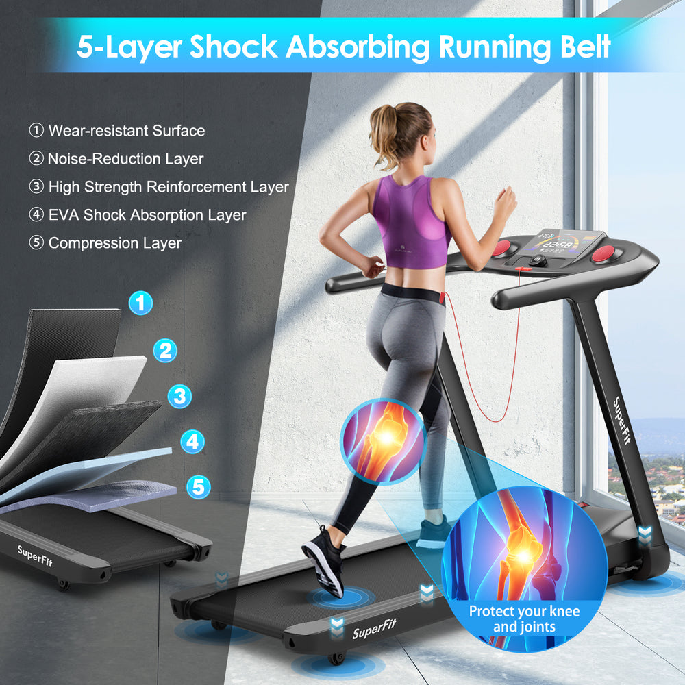 Folding treadmill with a spacious 51" x 18" running belt, featuring a 5-layer shock-absorbing design for joint.