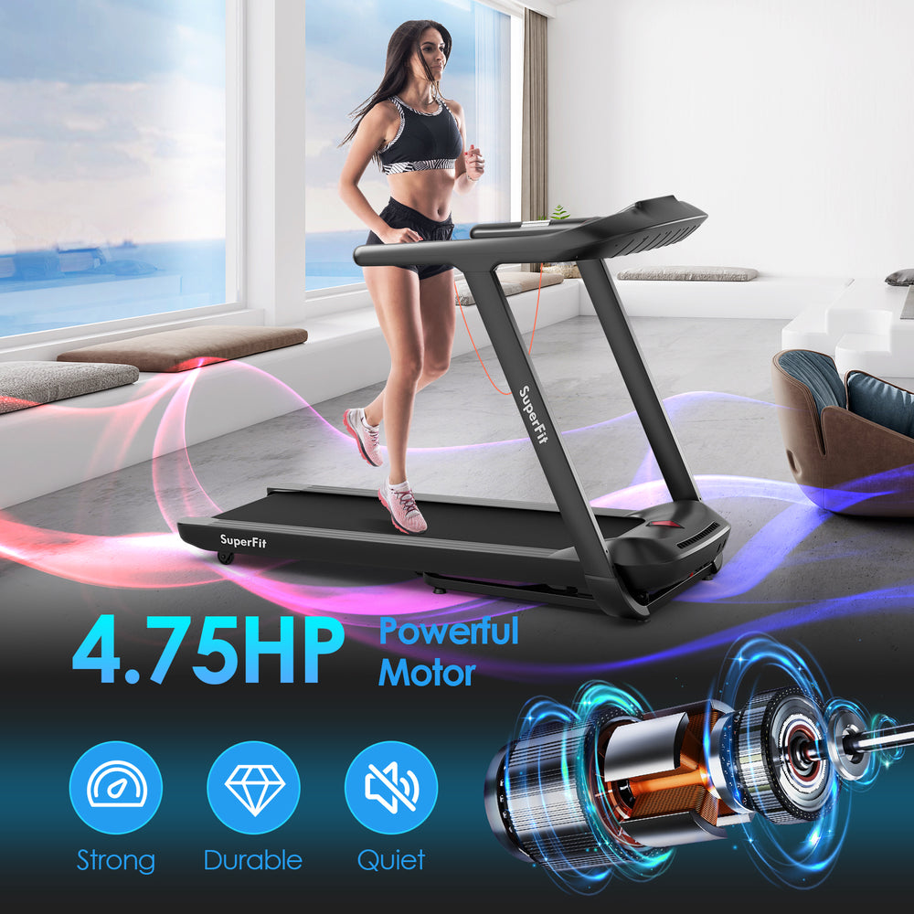 Folding treadmill with a powerful 4.75 HP motor, 20 preset programs, and a spacious 51" x 18" running area for.