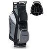 14-way golf cart stand bag in gray and black with waterproof rain hood, featuring multiple zippered pockets and handles.