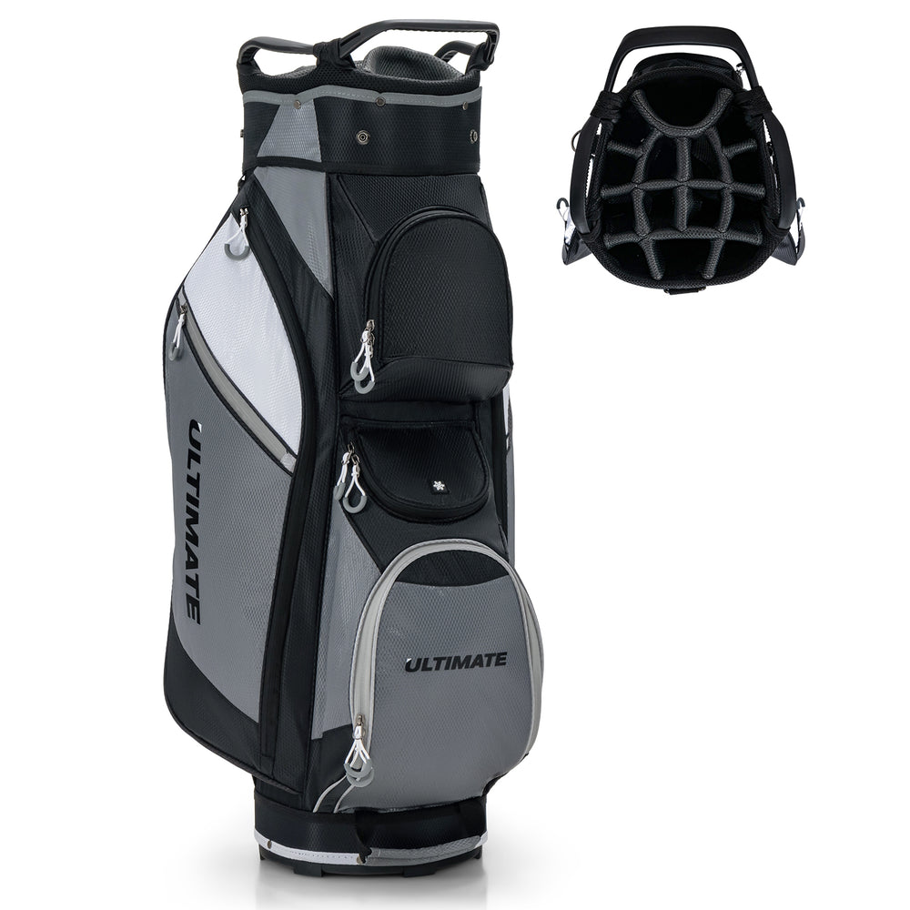 14-way golf cart stand bag in gray and black with waterproof rain hood, featuring multiple zippered pockets and handles.
