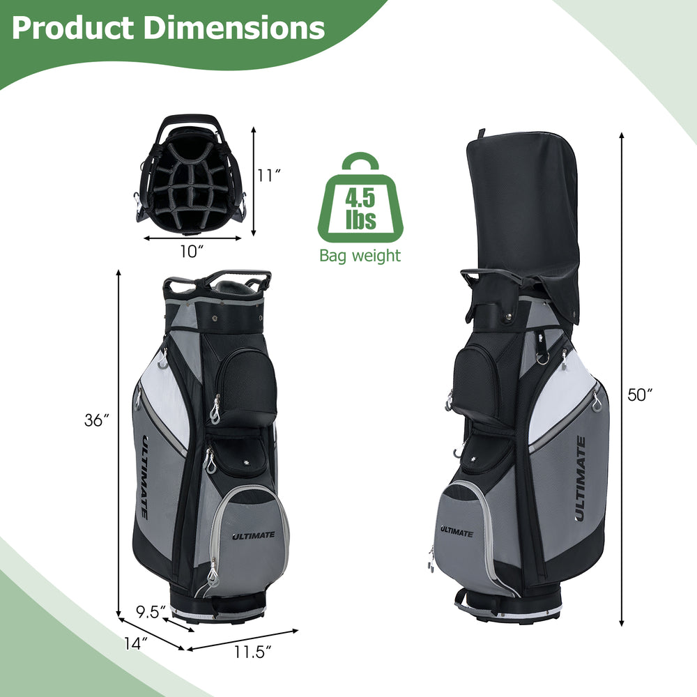 14-way golf cart stand bag with waterproof rain hood, featuring 7 zippered pockets and a dual strap design for easy.