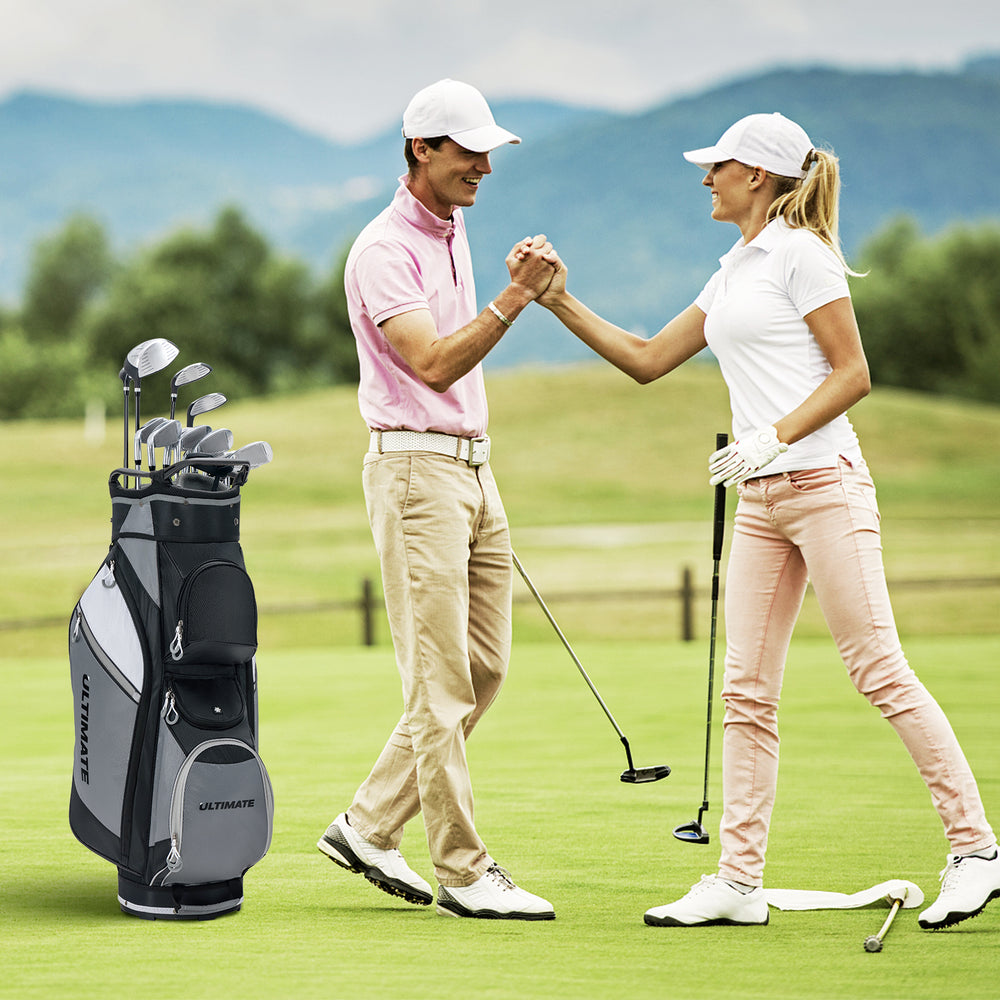 14-way golf cart stand bag in black and gray with waterproof rain hood, shown beside two golfers on the course.