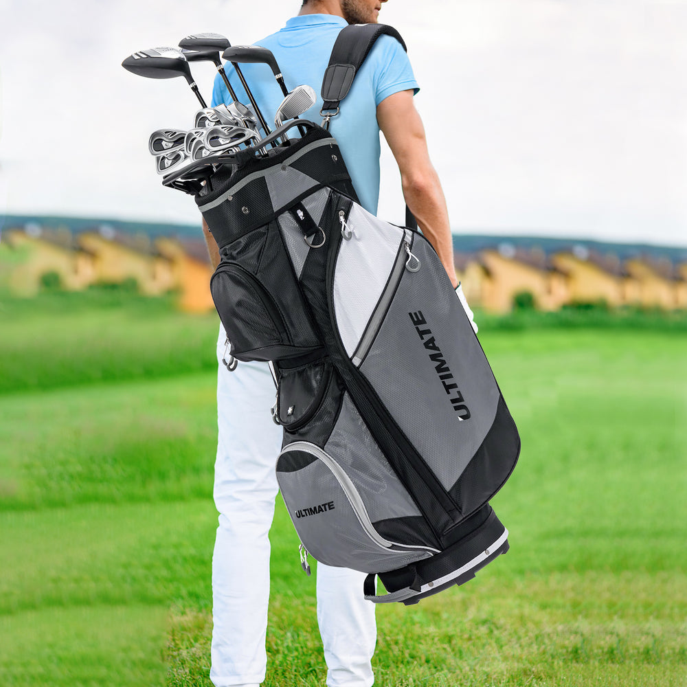 14-way golf cart stand bag in black and gray, featuring multiple pockets and a waterproof rain hood for protection.