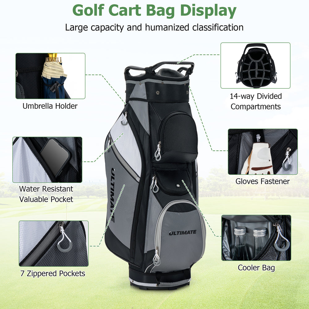 14-way golf cart stand bag with waterproof rain hood, 7 zippered pockets, and umbrella holder for organized club.