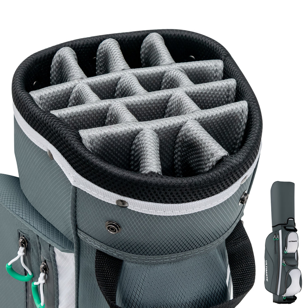 14-way divider top of a golf cart bag in gray, featuring 7 zippered pockets for organized club storage.