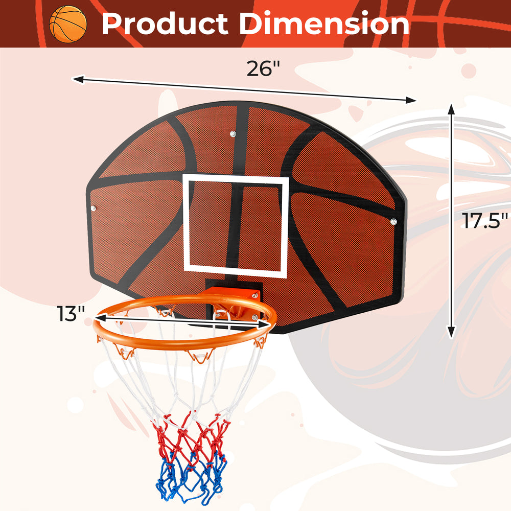 Large shatter-proof basketball backboard measuring 26" x 13", designed for indoor and outdoor games.