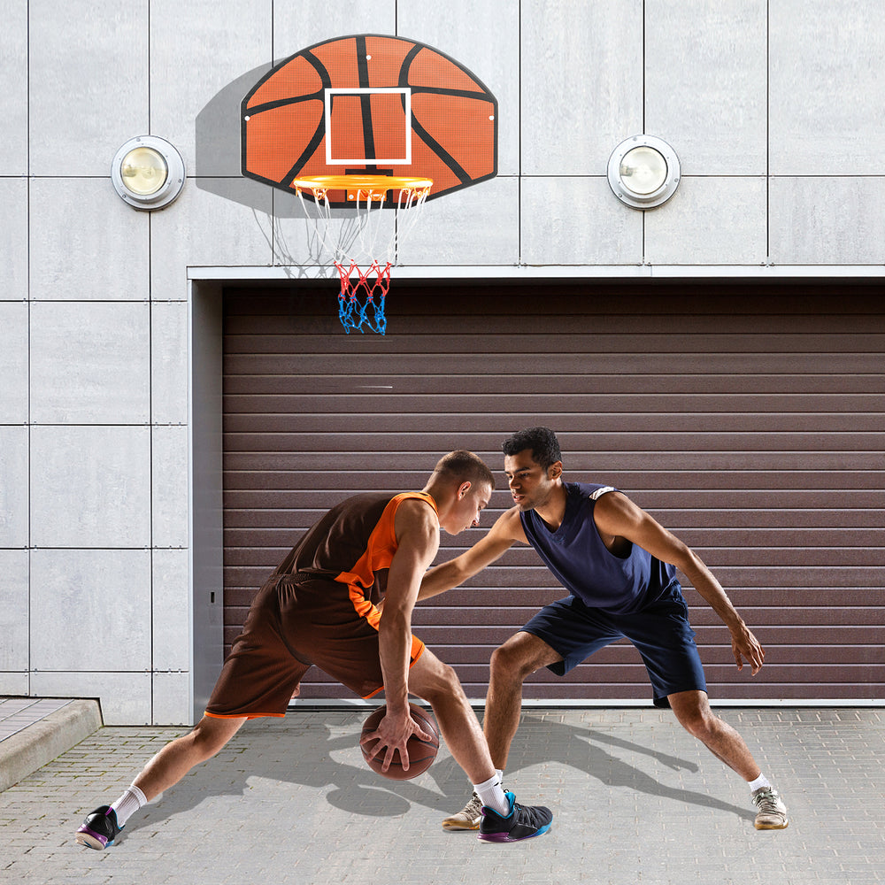 Two players engaging in a basketball game with a large shatter-proof backboard for indoor and outdoor fun.