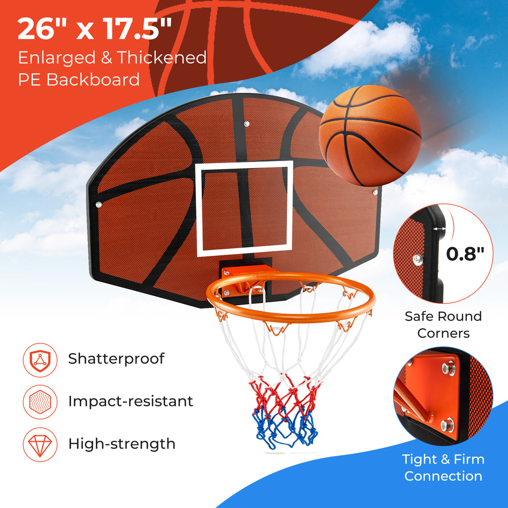 Large 26" x 17.5" shatterproof PE backboard basketball set with sturdy rim, ideal for indoor and outdoor games.