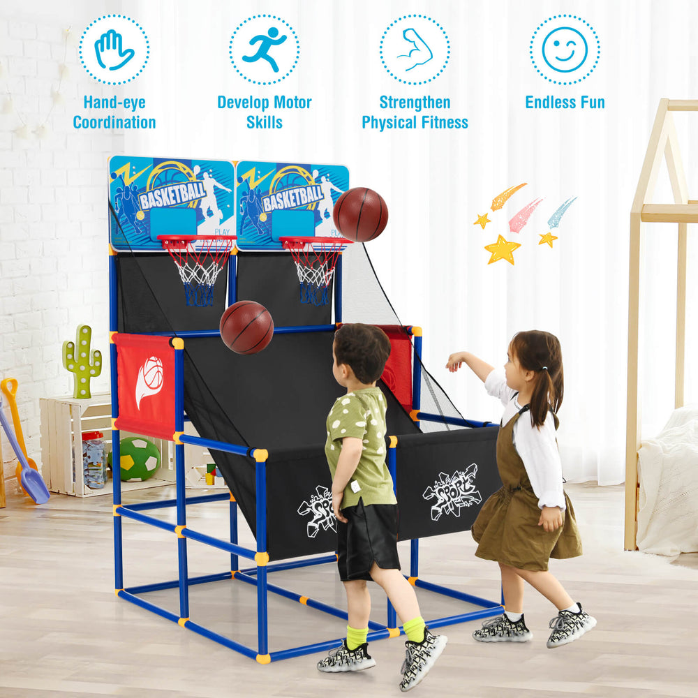 Kids arcade basketball game set featuring dual hoops, four basketballs, and sturdy PVC construction for indoor and.