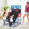 Kids arcade basketball game set featuring dual hoops, sturdy PVC construction, and four basketballs for indoor/outdoor.
