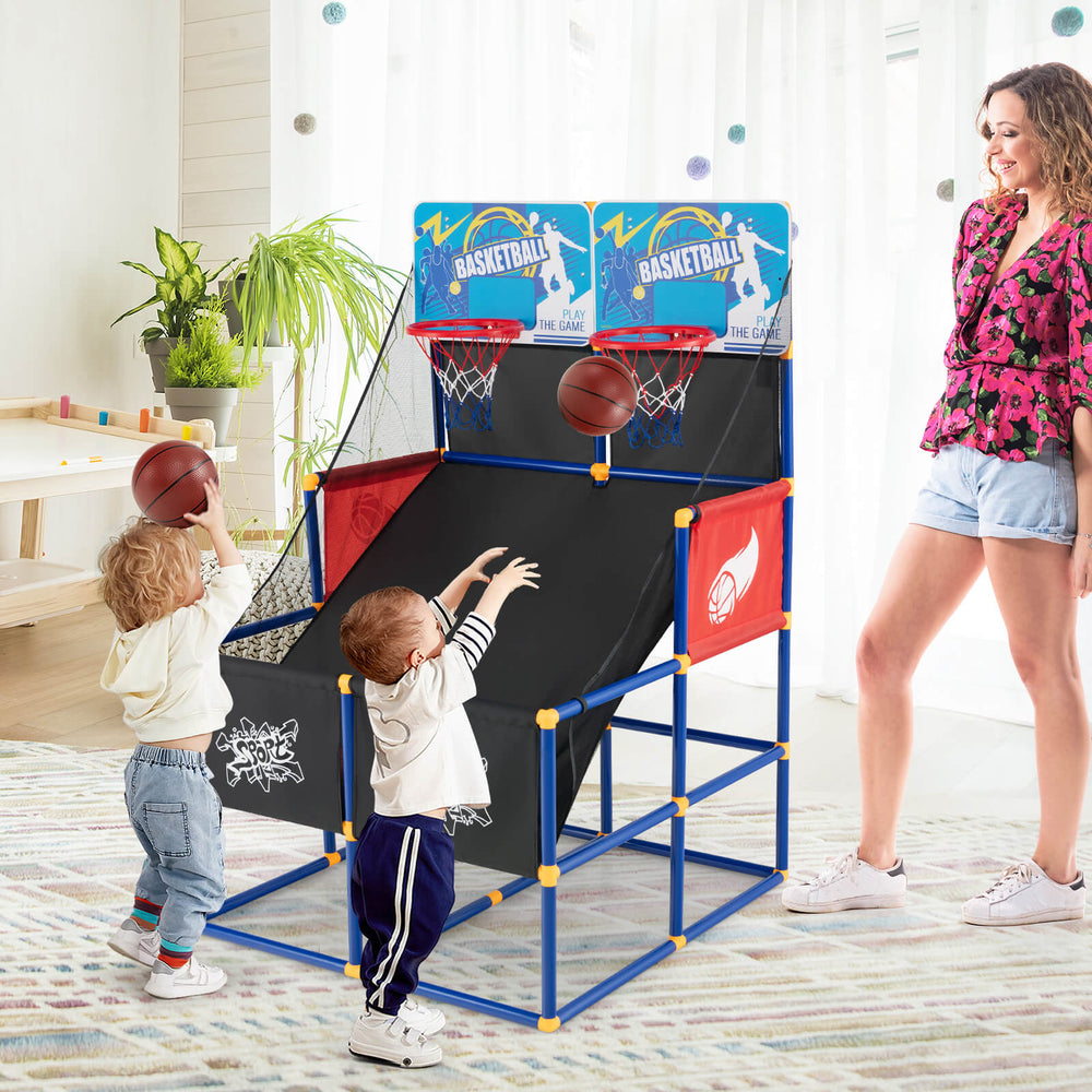 Kids arcade basketball game set featuring dual hoops, sturdy PVC construction, and four basketballs for indoor/outdoor.