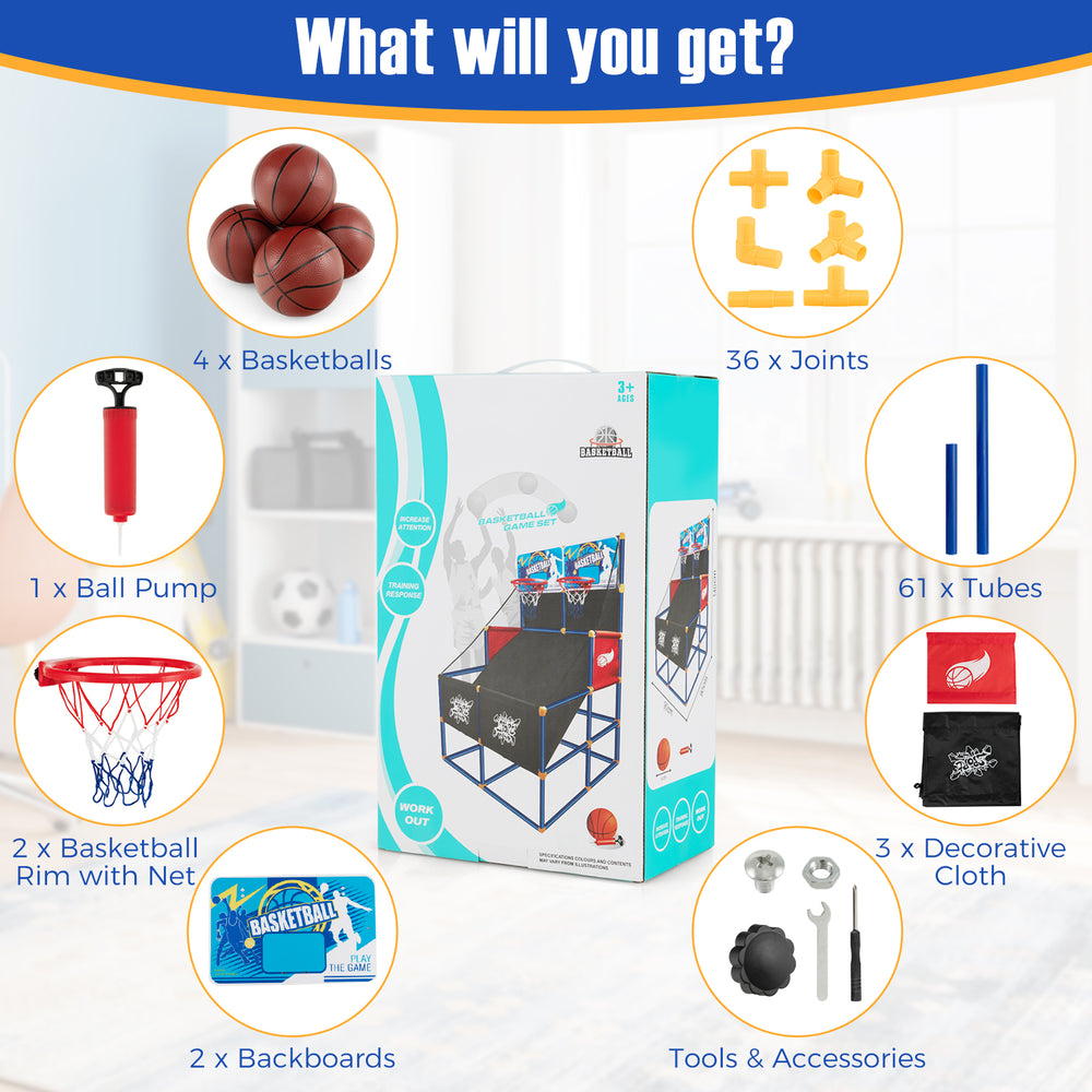Kids arcade basketball game set includes 4 basketballs, ball pump, sturdy PVC tubes, and easy assembly tools for.