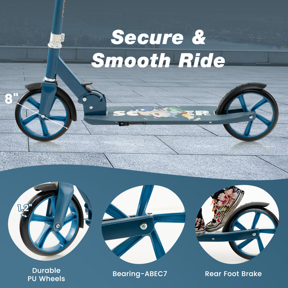 Folding aluminum alloy scooter in blue with 8" PU tires, adjustable height, and rear foot brake for safe rides.