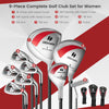 Women's 9-piece complete golf club set in red, featuring lightweight carbon shafts and soft grips for beginner golfers.