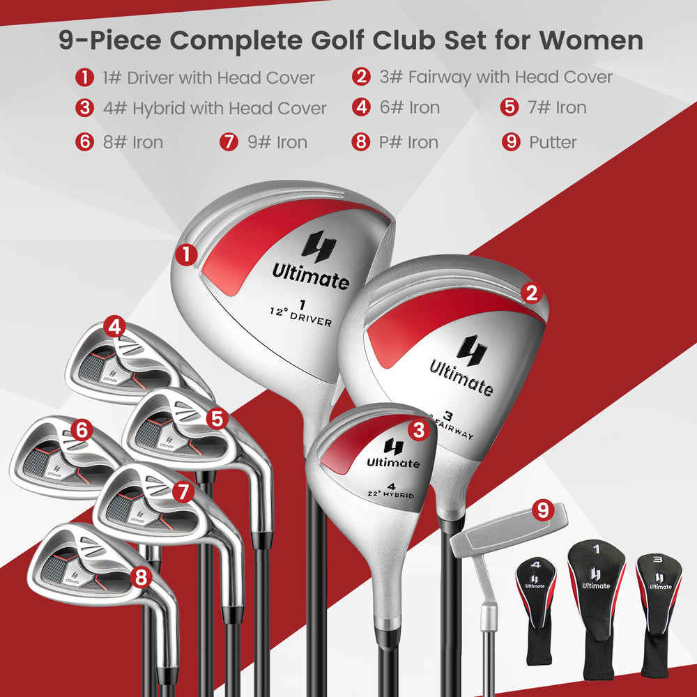 Women's 9-piece complete golf club set in red, featuring lightweight carbon shafts and soft grips for beginner golfers.