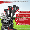 Women's 9-piece complete golf club set in red with ultra lightweight carbon shafts and soft TPR grips for beginners.